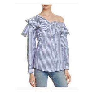 NWT Clocolor blue and white striped asymmetrical button down blouse - L